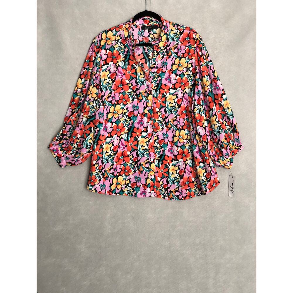 Calessa Floral Button-Up Top Ruffle Neckline Women's 1X NEW
